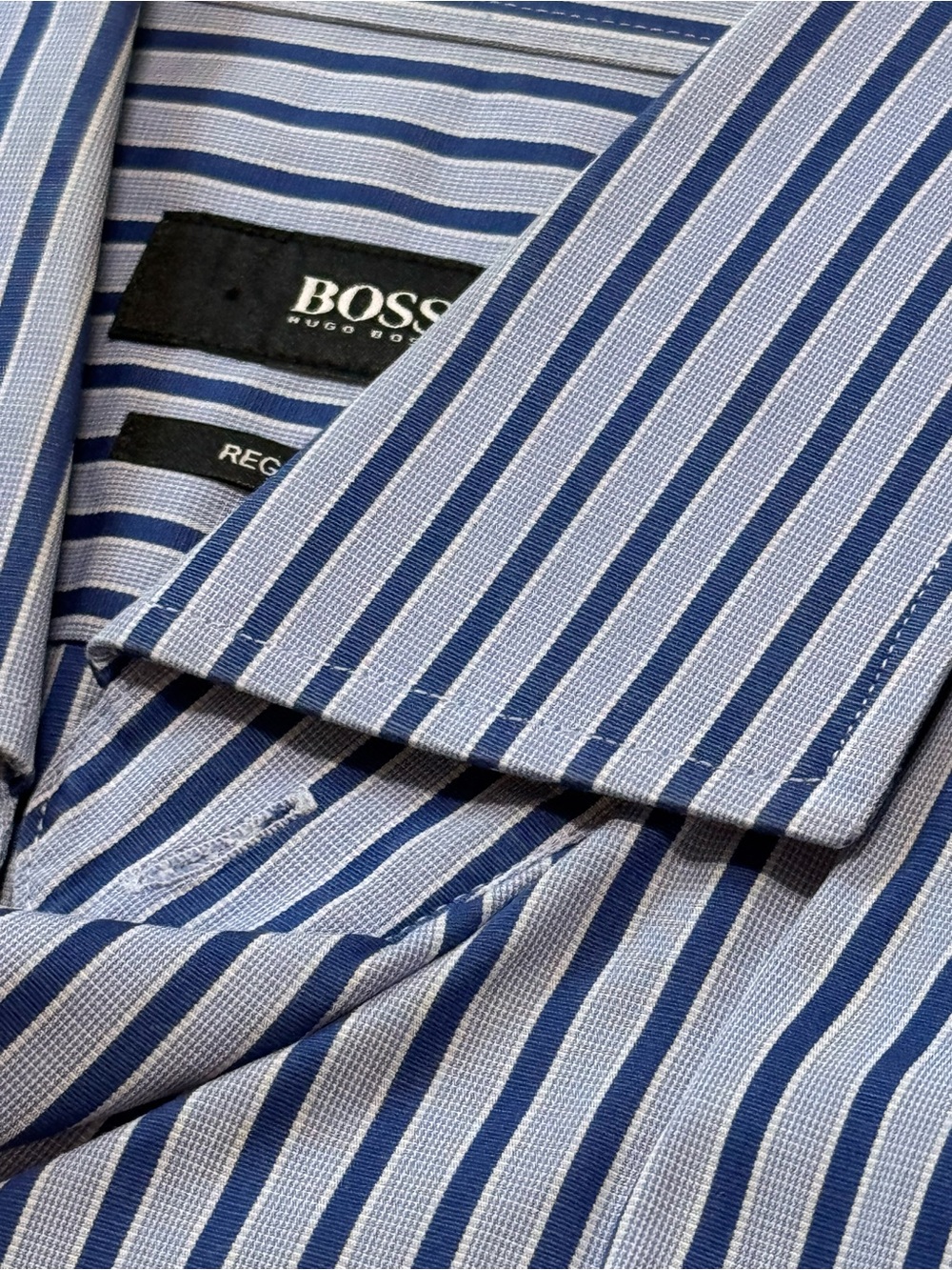 Boss Men's Blue and White Striped Dress Shirt